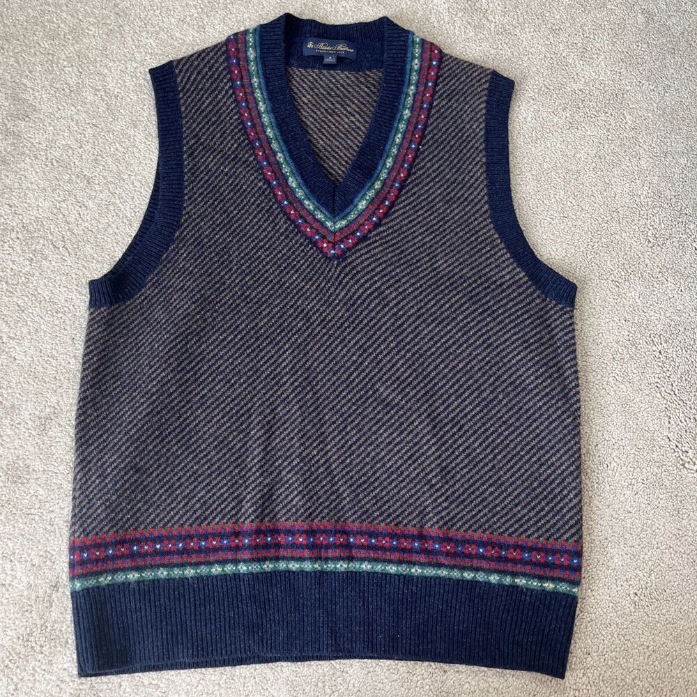 Brooks Brothers Fair Isle Sweater Vest Mens Small 100% Lambswool Navy Preppy